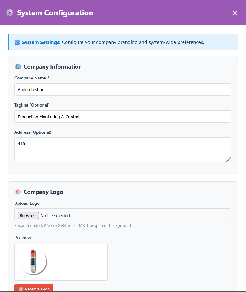 Andon System Settings